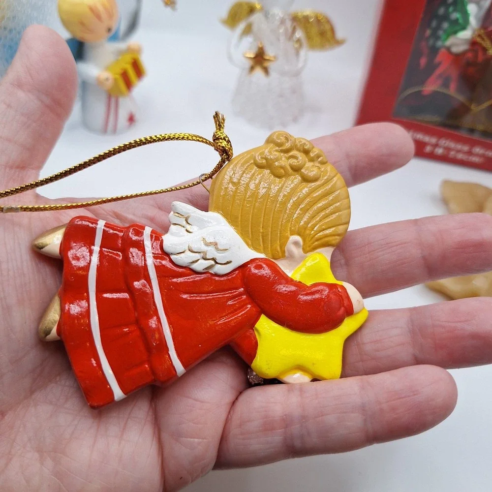 Lot of 5‎ Angel Theme Christmas Ornaments Vintage Wax Wood & Glass